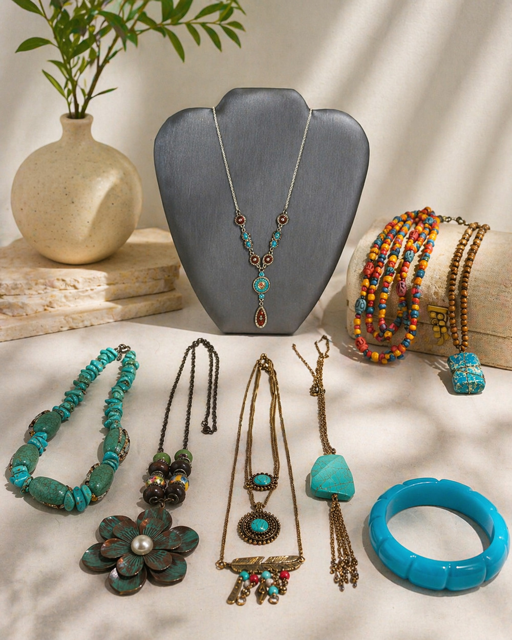 Colorful Boho Statement Necklace & Bracelet 8-Piece Lot Turquoise Southwestern